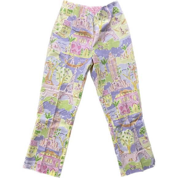 Pamela Ferrari Firenze Cotton Print Straight leg Pink Green Pants 4 NWOT Soft - Picture 1 of 5